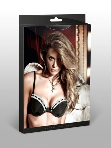 Előformázott fekete melltartó Fehér csipke-bordűrökkel és párnázott kosarakkal