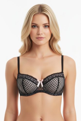 Fekete előformázott melltartó mintás tüll-anyagból, csipke-bordűrökkel, világos-rózsaszín szatén-szalagokkal.