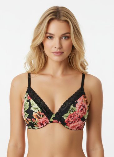 Fekete melltartó buja virágmintával, fekete csipke-bordűr szatén-szalaggal, előformázott