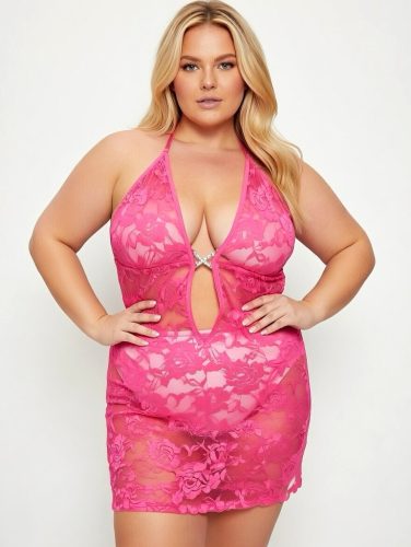 Rózsaszínszínű plus size csipkés kombiné mély V-kivágással