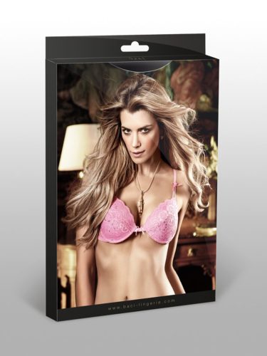 Csipke-rátétekkel díszített előformázott rózsaszín melltartó párnázott kosarakkal