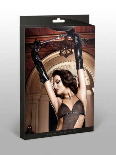 Fénylő megjelenésű fekete kesztyű zsinórzattal