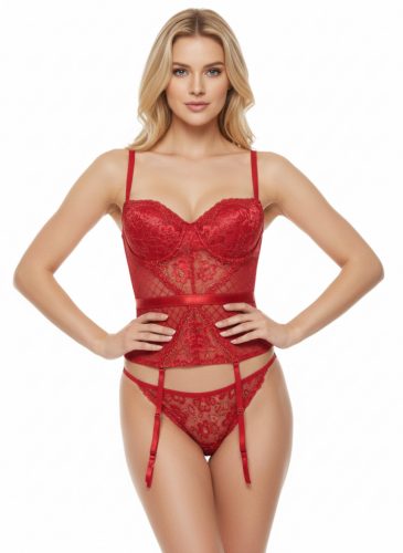 Flirty piros csipkés harisnyatartós push up fűző