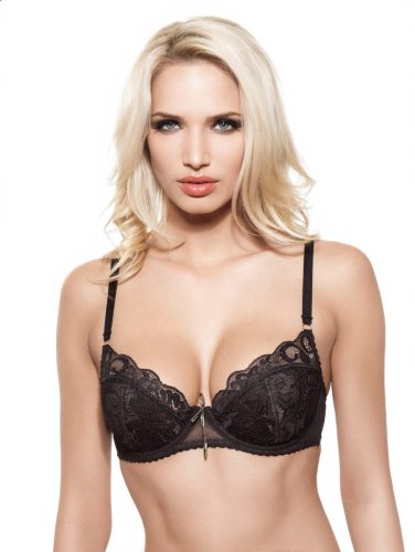 Fekete melltartó részben párnázott kosárral, csipkével és aranyozott masnival