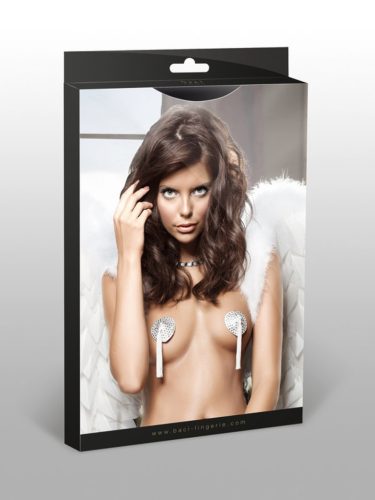 Fehér mellbimbó-takaró bojtokkal és ezüst-színű strassz-kövekkel