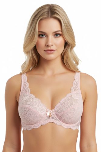 Előformázott világos-rózsaszín csipke-melltartó függővel