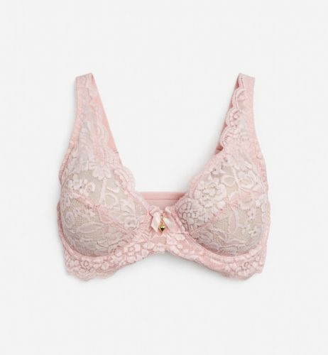 Előformázott világos-rózsaszín csipke-melltartó függővel