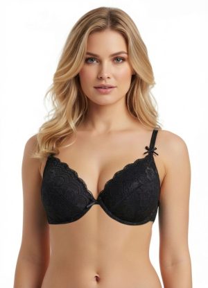   Fekete csipke-melltartó párnázott kosarakkal, előformázott és masni