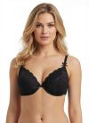 Fekete csipke-melltartó párnázott kosarakkal, előformázott és masni