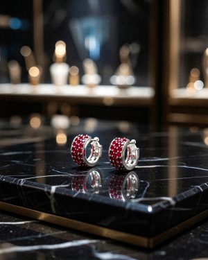 Ezüst karika fülbevaló piros kövekkel