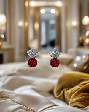 Ezüst és bordó köves gömb formájú fülbevaló