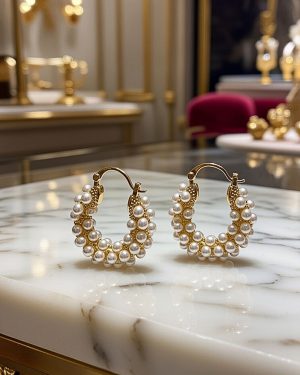 Arany színű apró fehér gyöngyös karika fülbevaló 