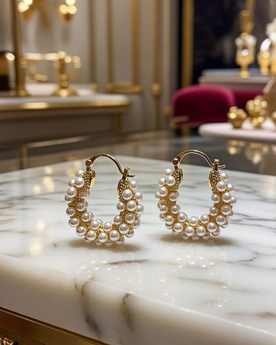 Arany színű apró fehér gyöngyös karika fülbevaló 