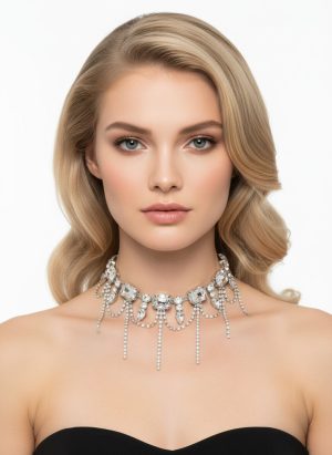 Ezüst strasszos choker nyaklánc függőkkel