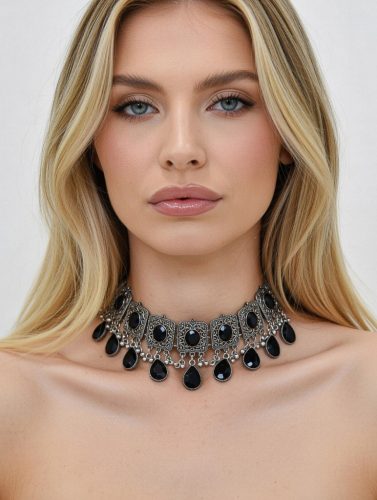 Ezüst nyaklánc és fülbevaló szett fekete kövekkel