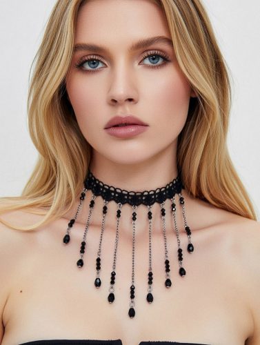 Fekete csipke choker nyaklánc apró gyöngyökkel