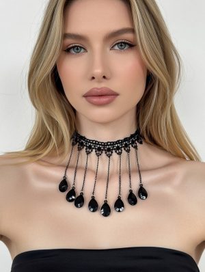 Fekete csipke choker nyaklánc nagy gyöngyökkel