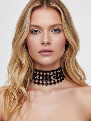 Fekete strasszos és gyöngyös choker nyaklánc