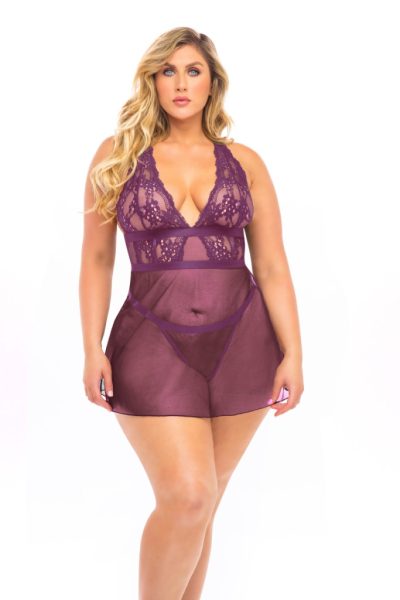 Csipkés mesh plus size babydoll tangával