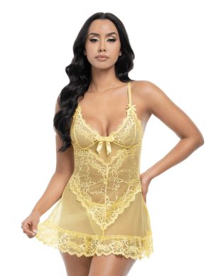 Exkluzív csipkés banán színű babydoll tangával