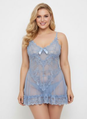 Exkluzív babakék csipkés plus size babydoll tangával