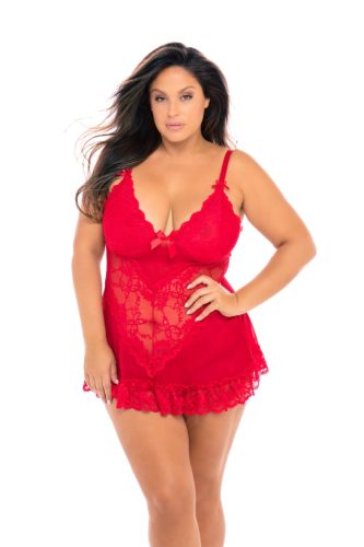 Exkluzív piros csipkés plus size babydoll tangával