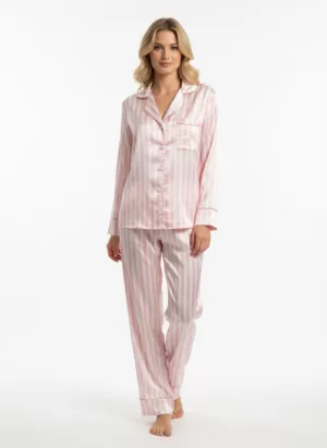 COCO rózsaszín csíkos szatén hálóruha szett