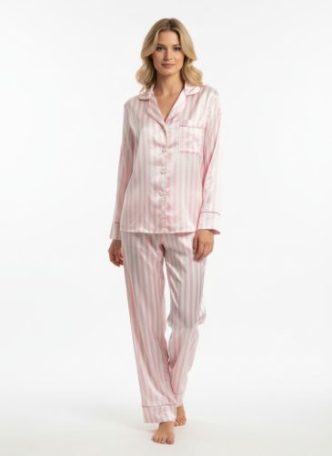 COCO rózsaszín csíkos szatén hálóruha szett