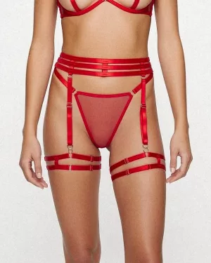 Piros rugalmas harisnyatartós combpánt csipkével