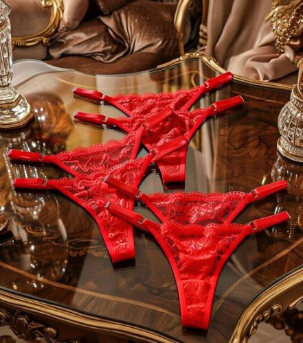 Piros színű rugalmas csipkés tanga állítható pánttal