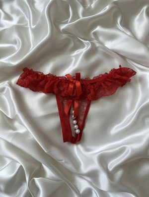 Piros csipkés gyöngyös nyitott bugyi