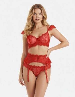 SANDRINE piros csipkés harisnyatartós szett