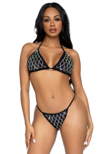 Fekete gyémánt mintás strasszos fürdőruha szett