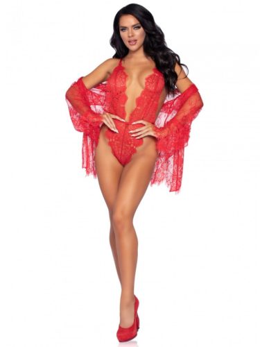 Piros csipke teddy & kimonó szett