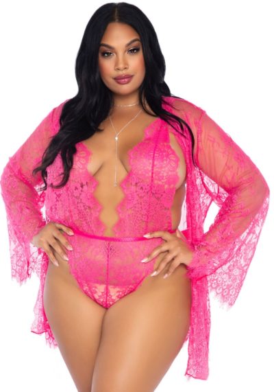 Csipkés plus size teddy & kimonó szett