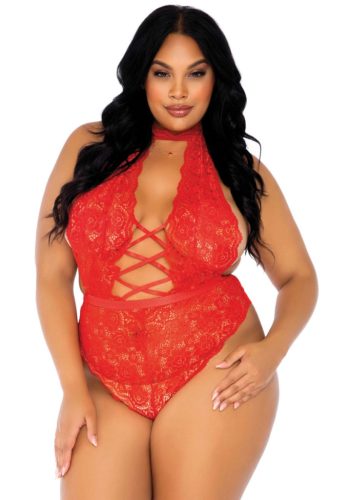 Piros csipkés plus size body pántokkal díszitve