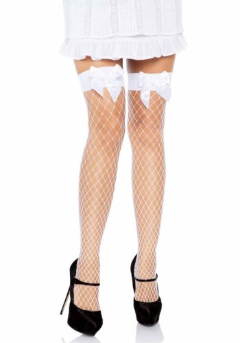 LA9078-WHT-Fehér színű necc harisnya masnival díszítve