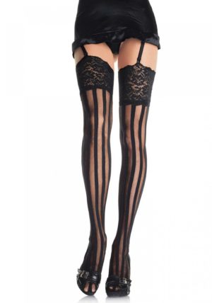  Fekete színű harisnya izgalmas hosszanti csíkozással, széles csipkeszegéllyel