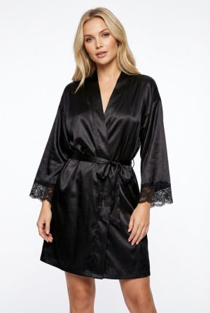 MMSZK28-BLK-Fekete szaten kimono, ujjan csipkevel