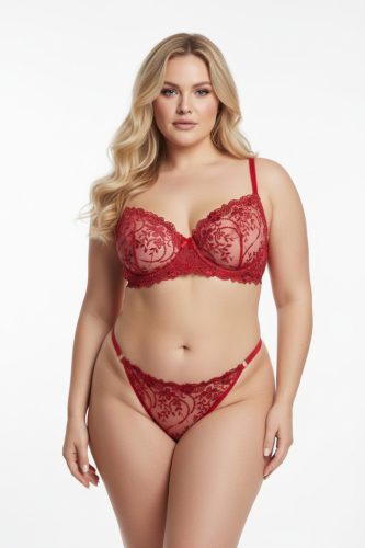 CELIA meggypiros PLUS SIZE hímzett merevítős szett