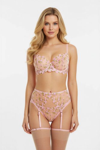 ELYSIA rózsaszín hímzett merevítős harisnyatartós szett